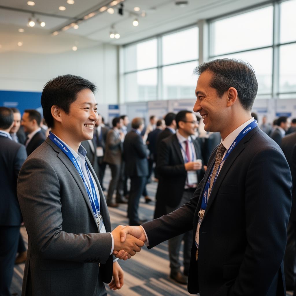 Two colleagues meeting for the first time at a conference, shaking hands and smiling.