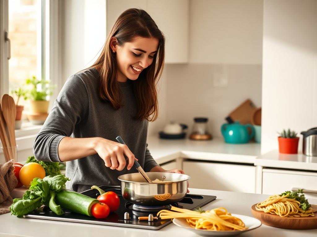 A woman cooking pasta and vegetables at the stove in a bright, modern kitchen.