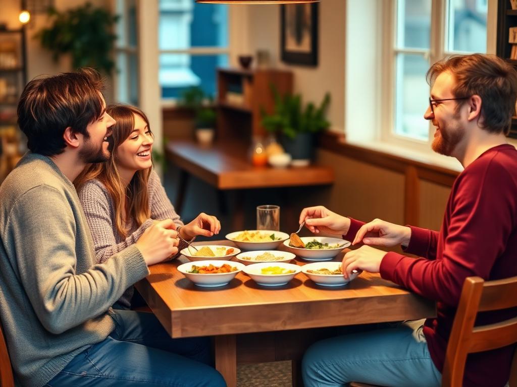 Three friends sitting around a wooden dining table at home, sharing a meal and laughing.