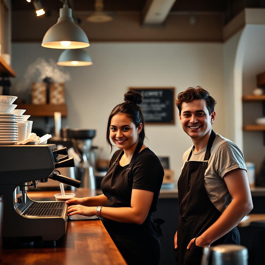A barista and a trainee working together behind a coffee shop counter