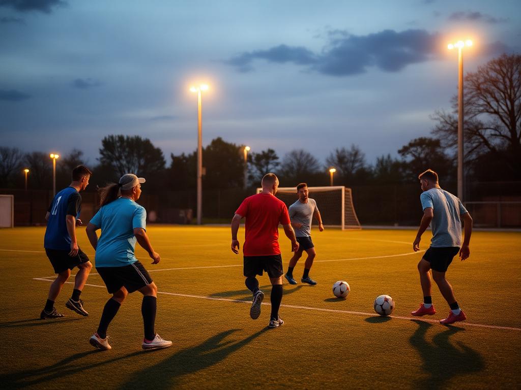 Adults playing five-a-side football under floodlights