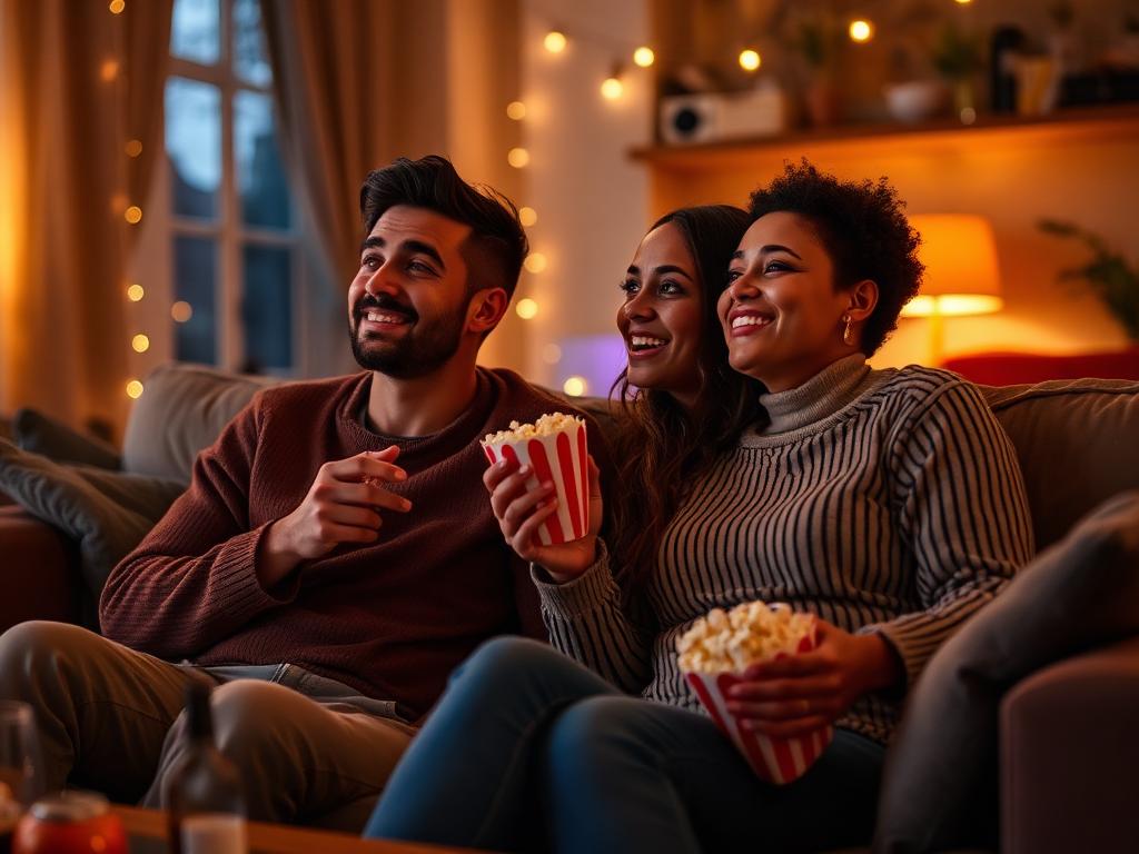Friends watching a film at home with popcorn